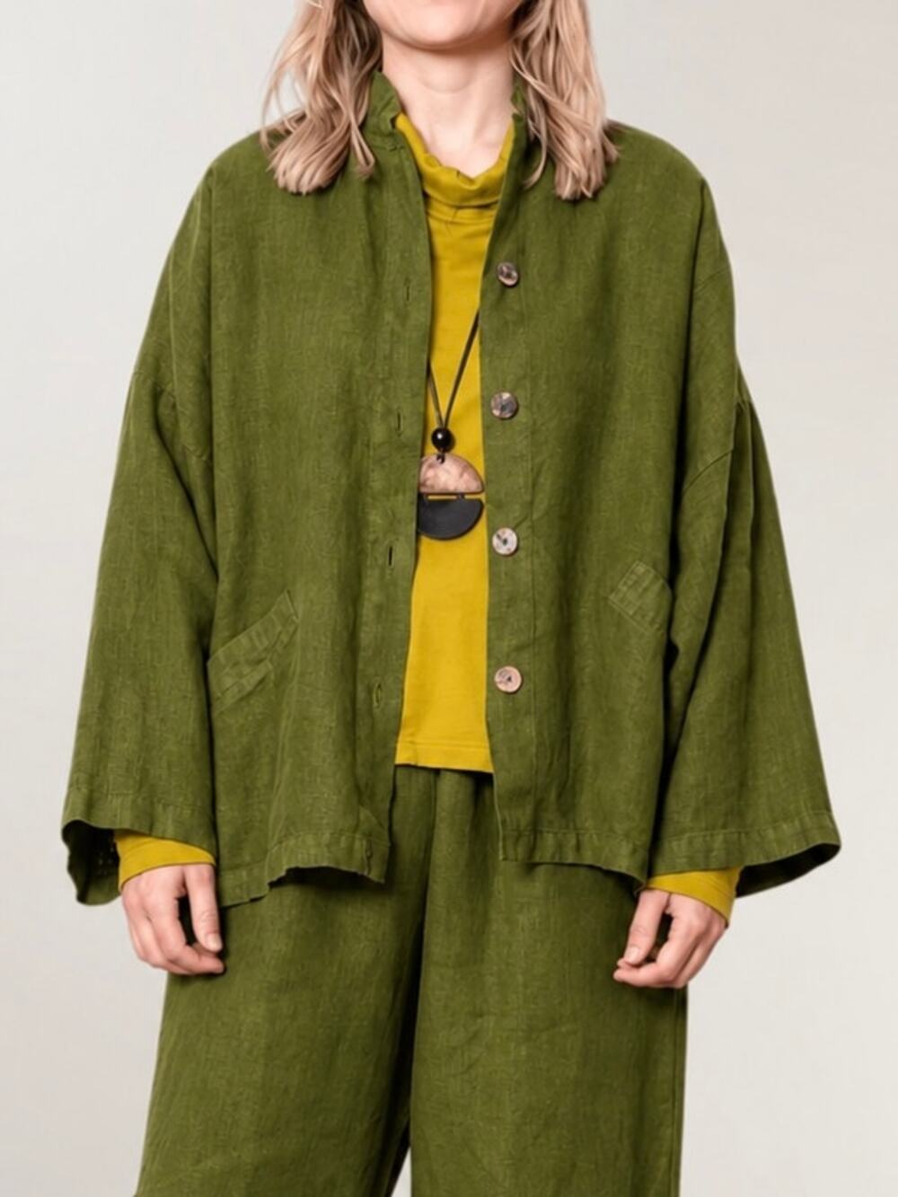 Bryn Walker 100% Linen Danuta Jacket Button Front Boxy Oversized Boho Green